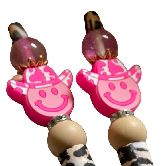 Happy face emoji leopard print cowboy hat beaded pen handmade Galaxy glitter bli - Picture 5 of 7